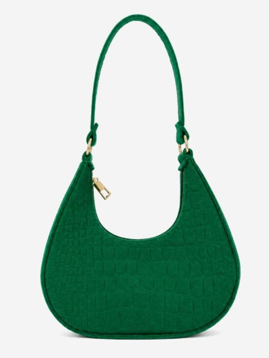 Handbags - Emerald Green Croc Embossed Felt Crescent Shoulder Bag Gold Hardware NEW